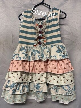 Striped & Floral Tiered Ruffle Dress with Buttons - Blue, Cream, Pink